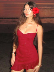 Spaghetti Strap Ruffled Sexy Mini Dress For Women Red Fashion Sleeveless Backless High Waist A-line Club Party Dress