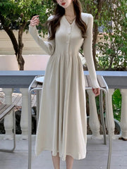 Autumn Vintage Knitted Dress for Women Elegant Single Breasted V-Neck Long Sleeves A-Line Party Dresses Slim Waist Vestidos New