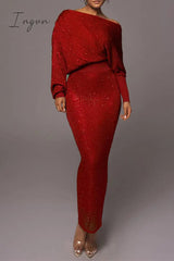 Ingvn - Sexy Celebrities Solid Oblique Collar Long Sleeve Two Pieces