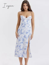 Ingvn - Elegant Blue Print Split Midi Dress Women Robe New Fashion Spaghetti Strap Sleeveless Off-shoulder Party Sexy Dress