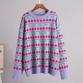 Ingvn Women's Round Neck Cherry Printed Sweater Autumn Winter New Mid Length Fashion Top Retro Knitted Sweater Pullover