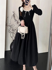 Autumn Sweet Black Midi Dresses for Women Elegant Long Sleeve Female Clothes Evening Party Dress Prom Robe Slim A-Line Vestidos