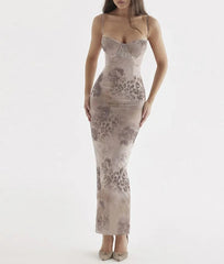Sexy Women's Flower Print Sleeveless Long Dress Female Slim Fit High Waist Bodycon Dress Party Club Evening Dress