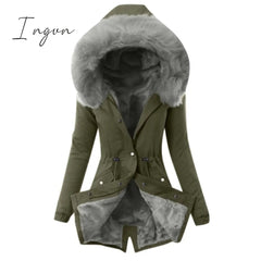 Ingvn - Ultra Cozy Fur Button Up Waist Drawstring Pocket Cotton Coat