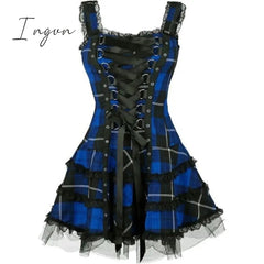 Ingvn - Dress Women Classic Frill Lace Dresses Sleeveless Plaid Vintage Gothic Mini Dresses Ball Gowns Cosplay Costume Plus Size Dress