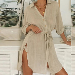 Ingvn - Women Long Blouses Shirts Dress Office Lady Work Dresses Casual Solid Lapel Vestidos Cotton Linen Tunic Shirt Robe Femme Dresses