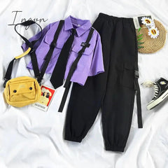 Ingvn - Spring Womens Fashion Autumn Streetwear Pants High-Waist Straight Ribbon Cargo Pants Student Loose Short-Sleeved Shirt with Tie two-piece Set