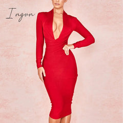 Ingvn - New Summer Deep V Neck Women Bandage Dress Full Sleeves Celebrity Bodycon Dress Sexy Club Vestidos Evening Party Dresses