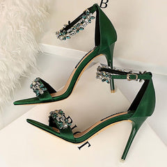 Women 9cm High Heels Crystal Sandals Wedding Bridal Stiletto Heels Sandles Glitter Prom Elegant Stripper Satin Strap Shoes