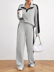 Stylish Color Block Ribbed Pantsuits - Long Sleeve Lapel Drop Shoulder Top, Wide Leg Pants, Comfortable, Relaxed Fit, Chic Outfit for Women - Perfect for Daily Wear, Casual Occasions