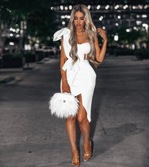 Ingvn - New Summer Fashion Women Bodycon Dress One Shoulder Bow Mesh Ruffle Sleeveless Bandage Dress Celebrity Party Evening Sexy
