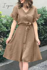 Ingvn - Casual Simplicity Solid Frenulum Buckle Flounce V Neck A Line Dresses