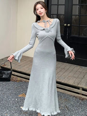 Elegant Solid Knitted Dress for Women Vintage French Flare Sleeve Bodycon Princess Evening Party Womens Dresses Slim Vestidos