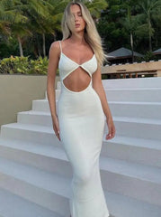Ingvn - Spring Outfits 2023 Trends Summer Y2K Knit Spaghetti Strap Hollow Out Midi Dress Women Sexy V Neck Backless Sleeveless Bodycon Dresses Beach