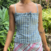 Y2k Fairy Clothes Plaid Print Sleeveless Camis 00s Aesthetic Front Button Tank Tops Women Girl Retro Backless Slim Fit Crop Tops