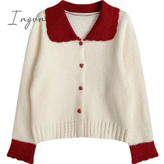 Ingvn - Autumn Winter Sweet Preppy Style Knitted Sweater Casual Hit Color Long Sleeves Cute Sweater Fashion Milk White Cardigan Sweater
