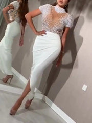 Ingvn - Women Sexy Dress Transparent Tulle with Bead Tops Patchwork Slit Party Dresses Short Sleeves Female Summer Night Date Out