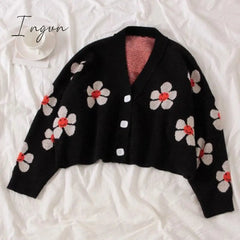 Ingvn - Spring College Style Flower Print Knitted Doat Loose Retro V-neck Cute Light Green Sweater Cardigan Blouse Short Section