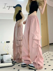 Ingvn - Harajuku Y2k Wide Cargo Pants Women Baggy Hip Hop Style Black Parachute Pants Pink Oversized Joggers Korean Streetwear