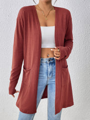 Dual Pockets Open Front Cardigan, Stylish Solid Color Long Sleeve Cardigan For Spring & Fall, Women's Clothing
