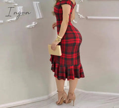 Ingvn - Women Plaid Off Shoulder Ruffle Hem Slit Dress Party Sexy Dress Elegant Fashion Dress