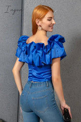 Ingvn - Cropped Ruffle Boat Neck Short Sleeve Blouse