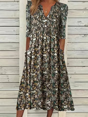 Vibrant Ditsy Floral V-Neck Dress - Comfy Ruched Design with Handy Pockets - Perfect for Summer Casual Outings, Women’s Fashion