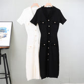Summer French Style Gentle Style Tassel Knitted Short-sleeved Dress Women's V-neck Solid Color Elegant Slimming Mid-length Dress