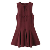 Bow Hollow Out Pleated Dress Women Lace Up Sleeveless O-Neck Slim Fit Fluffy Gown Waist Cinched Dress Woman 2025 Summer Dresses