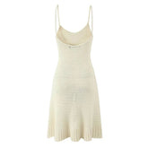 Summer Women Sexy Hollow Out Knit Sling Mini Dress O Neck Sleeveless Hem Ruffle A-line Short Beach Dresses Holiday Robe