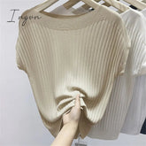 Ingvn - Bat-Sleeved Short-Sleeved T-Shirt Women's Summer New Black Ice Silk Knitted Sweater Loose One-Word Collar Top Thin