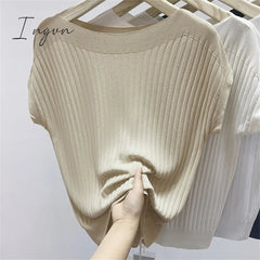 Ingvn - Bat-Sleeved Short-Sleeved T-Shirt Women's Summer New Black Ice Silk Knitted Sweater Loose One-Word Collar Top Thin
