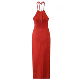 Sexy Backless Side Slits Halter Dress For Women Vintage Ruched Red Evening Party Dresses Cotton Linen Midi Robe White