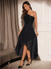 Sequin One-shoulder Tulip Dress, Elegant Sleeveless Dress For Party & Banquet, Women's Clothing