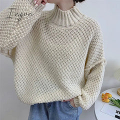 Ingvn - Winter Clothes Women Turtleneck Hollow Out Loose Solid Thick Knit Bottoming Pullovers Short Sweater Female Outer Wear Casual