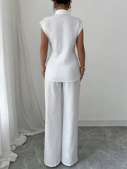 Collared Neck Cap Sleeve Top and Pants Set