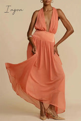 Ingvn - Sexy Vacation Solid Frenulum Backless V Neck Beach Dress Dresses