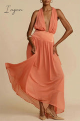 Ingvn - Sexy Vacation Solid Frenulum Backless V Neck Beach Dress Dresses
