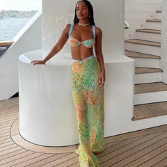 Summer Sexy Print 3 Pics Dress Set Women Pleated Bra + Low Waist Print Long Skirt Suit Female Summer Vacation Beachwear Suits