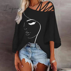 Ingvn - Retro Abstract Print Women Tee Shirts Spring Skew Collar Bandage Hollow Top Pullover Autumn Half Sleeve Office Lady T-shirt