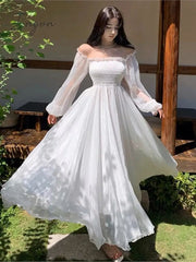 Ingvn - Elegant Holiday Beach Dresses Summer Women Solid White Puff Sleeve Slash Neck Off Shoulder Korean Fashion Chiffon Dresses