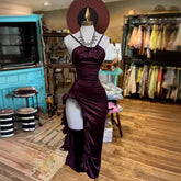 Pphmm outfit inspo Women's Sleeveless Sling Solid Color Satin Exposed Leg Dress