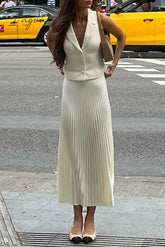 Elegant Solid Fold Pleated Turn-back Collar Sleeveless Two Pieces