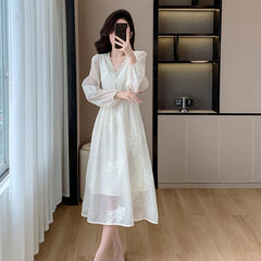 Elegant Fashion Casual Party Midi Dresses for Women Summer New Embroidered Flares V-neck Long Sleeve Female Clothing Korean
