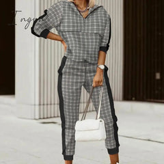Ingvn - Spring Autumn Women Fashion Print Splicing Tracksuits Two Piece Sets Female Casual Long Sleeve V Neck Top Jogging Pant Suit