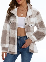 Stylish Plaid Teddy Coat - Women's Casual Jackets with Long Sleeves, Thermal Insulation, and Versatile Button Front Design for Winter Outwear - Soft, Warm, and Cozy