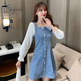 Ingvn - Denim Dress Fashion Lantern Sleeve Woman Dresses Clothes Gauze Patchwork Vestidos Ruffles Korean Off Shoulder Robe