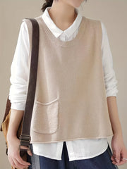 Women's Crew Neck Knit Vest - Casual Sleeveless Spring/Fall Sweater with Pocket, Easy-Care, Comfort Fit