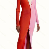 Fashion Women's Dress Women Bodycon Dress Color Block Patchwork Autumn Single Breasted V Neck Midi Dress for Wedding