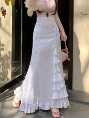 Print Vintage Long Skirt Women Casual Ruffles England Sweet Trumpet Skirts Retro Lace Up Elegant Female Design Long Skirt